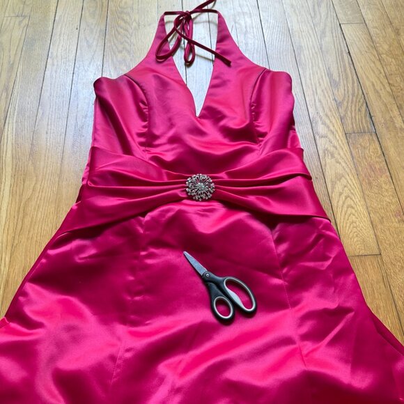Vintage Jessica McClintock Gunne Sax Size 11/12 Fuchsia Satin Halter Y2K Gown - Picture 16 of 16